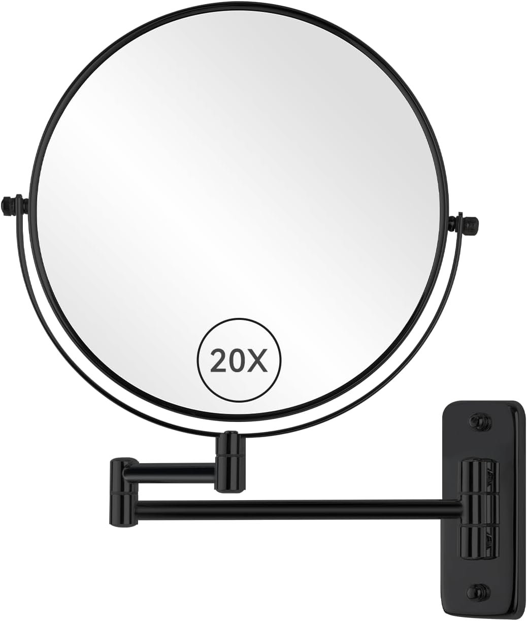 8” Wall Mount Makeup Mirror with 20X Strong Magnification, Double Sided Shaving Mirror Wall Mounted for Bathroom, 360°Swivel Extendable Vanity Mirror with Adjustable Arm for Daily Use, Black