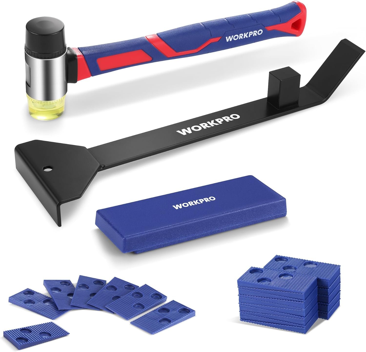WORKPRO 43PC Laminate Flooring Installation Kit- Rubber Mallet with Fiberglass Handle, 17” Heavy Duty Pull and Pry Bar, Solid Tapping Block and 40 Spacers- Premium Wood Flooring Installation Tool