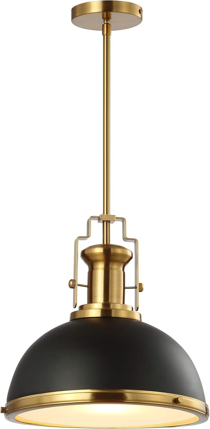 JONATHAN Y JYL9536A 13″ Modern Industrial Dome Pendant Light, Farmhouse Hanging Light Fixture in Black and Brass Gold, Adjustable Height Metal Lighting for Kitchen Island, Dining Room, Entryway
