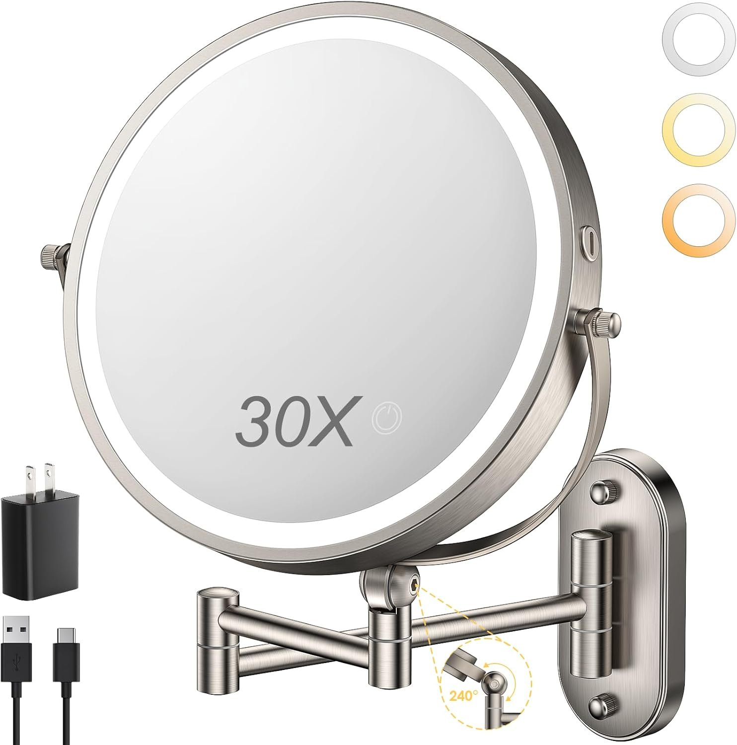 9″ Wall Mounted Lighted Makeup Mirror,4000mAh Rechargeable Double Sided 1X/30X Magnifying Mirror with Light,Touch Dimmable,Extended Arm 360 Rotation Wall Mounted Makeup Mirror 3 Color Lights-N