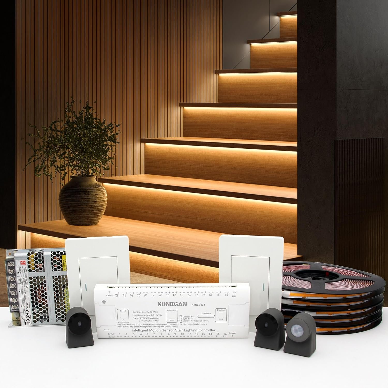 KMG-3233 Motion-Activated LED Stair Lighting Kit, 48″ Long Cuttable Strip Light for Indoor LED Stair Lights (Warm White 3000K, 16 Steps)