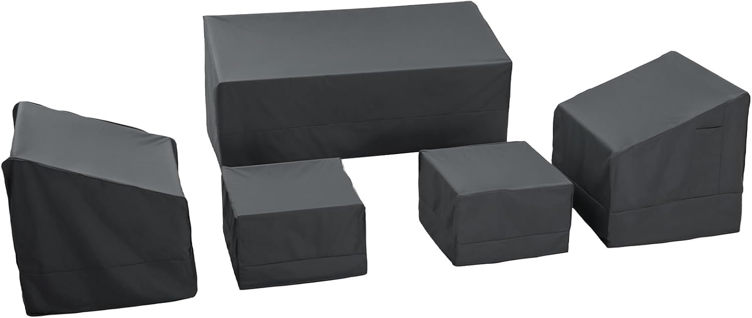 Loriano 5 Piece Patio Furniture Covers Set – Heavy-Duty 600D Oxford Fabric Waterproof 3-seater Sofa 79″W + 2 Armchairs 33″W + 2 Ottomans 27″, All-Weather UV Guard for Outdoor, Garden, Poolside