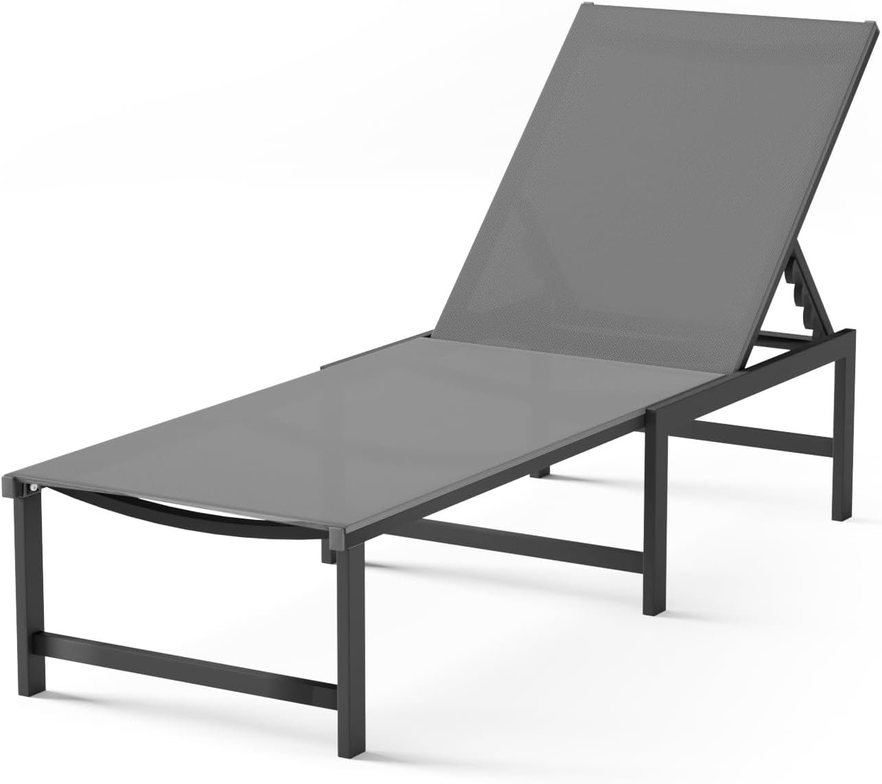 Aluminum Outdoor Chaise Lounge, 5-Position Textilene Chair, Grey | Rust-proof aluminum frame; UV quick-dry Textilene mesh; 5-position recliner; supports 400 lbs, built-in armrests