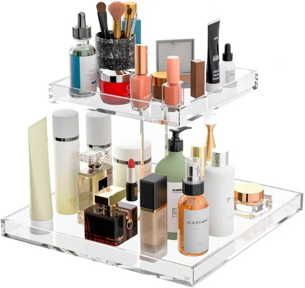 2-Tier Acrylic Perfume Organizer, Display Stand for Dresser & Counter, Vanity Trays Makeup Storage Holder, Bathroom & Kitchen Organizer (12×8)