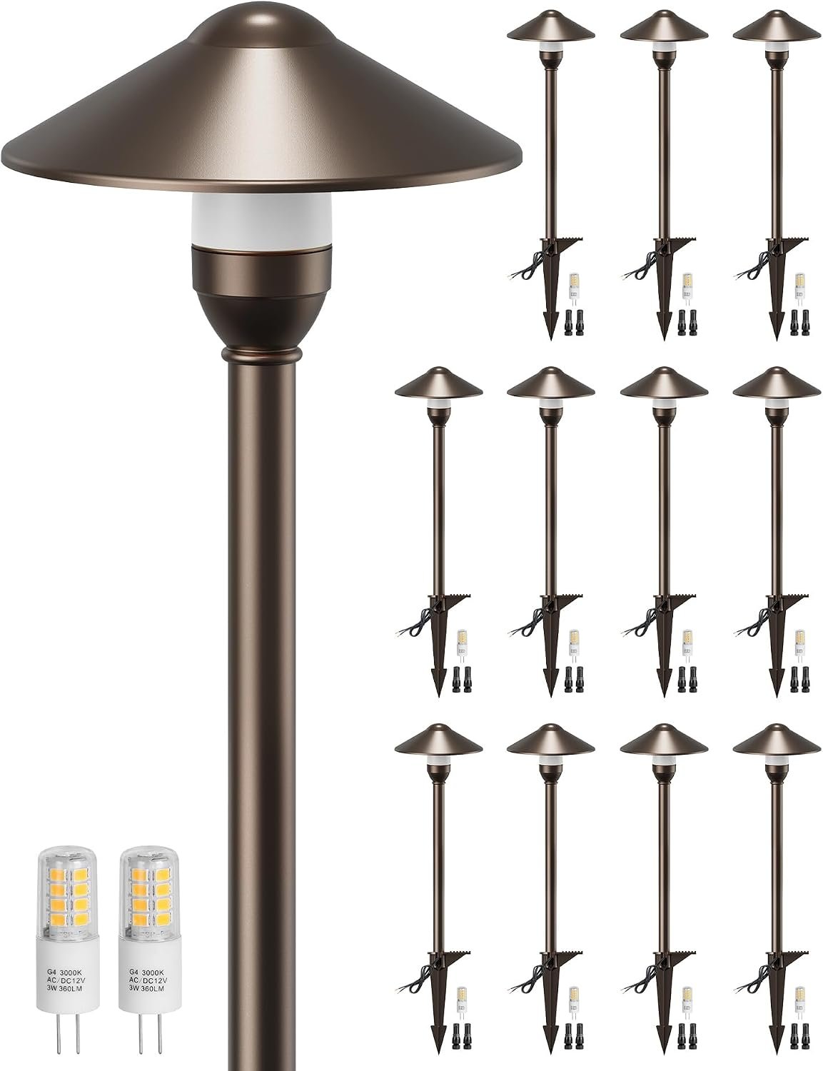 Low Voltage Landscape Lighting 12-Pack, Aluminum 12V Pathway Lights with G4 Bulbs, Waterproof Oil Rubbed Bronze Color Round Shade Path Lights with Connectors for Walkway Yard Garden