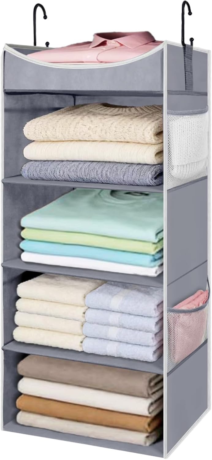 4-Shelf Hanging Closet Organizer and Storage with Side Pockets, Collapsible Closet Hanging Shelves for Storage, Grey