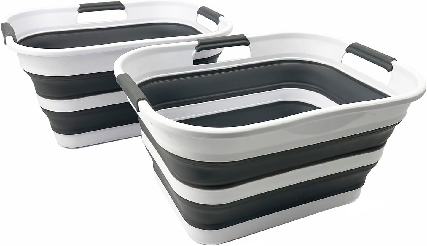 SAMMART Set of 2 Collapsible Plastic Laundry Basket/Organizer-Washing Tub-Foldable Pop Up Storage Container-Space Saving/Portable Hamper. Ideal for Home, Travel, Dorm & Camping (White/Steel Grey, 19L)