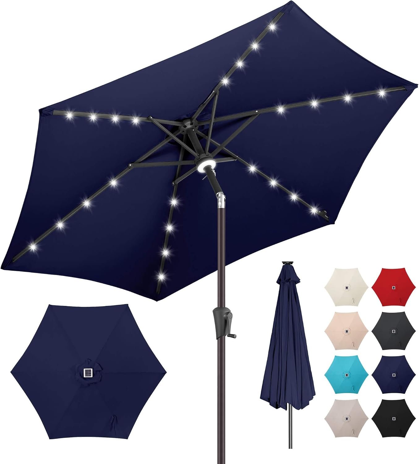 10 ft Solar Patio Umbrella Outdoor with Centre Light, Navy Blue | 24 LED Lights, UV Protection, Solar Outdoor Umbrella for Porch, Deck, Pool, Table, Garden, Provides Evening Lighting