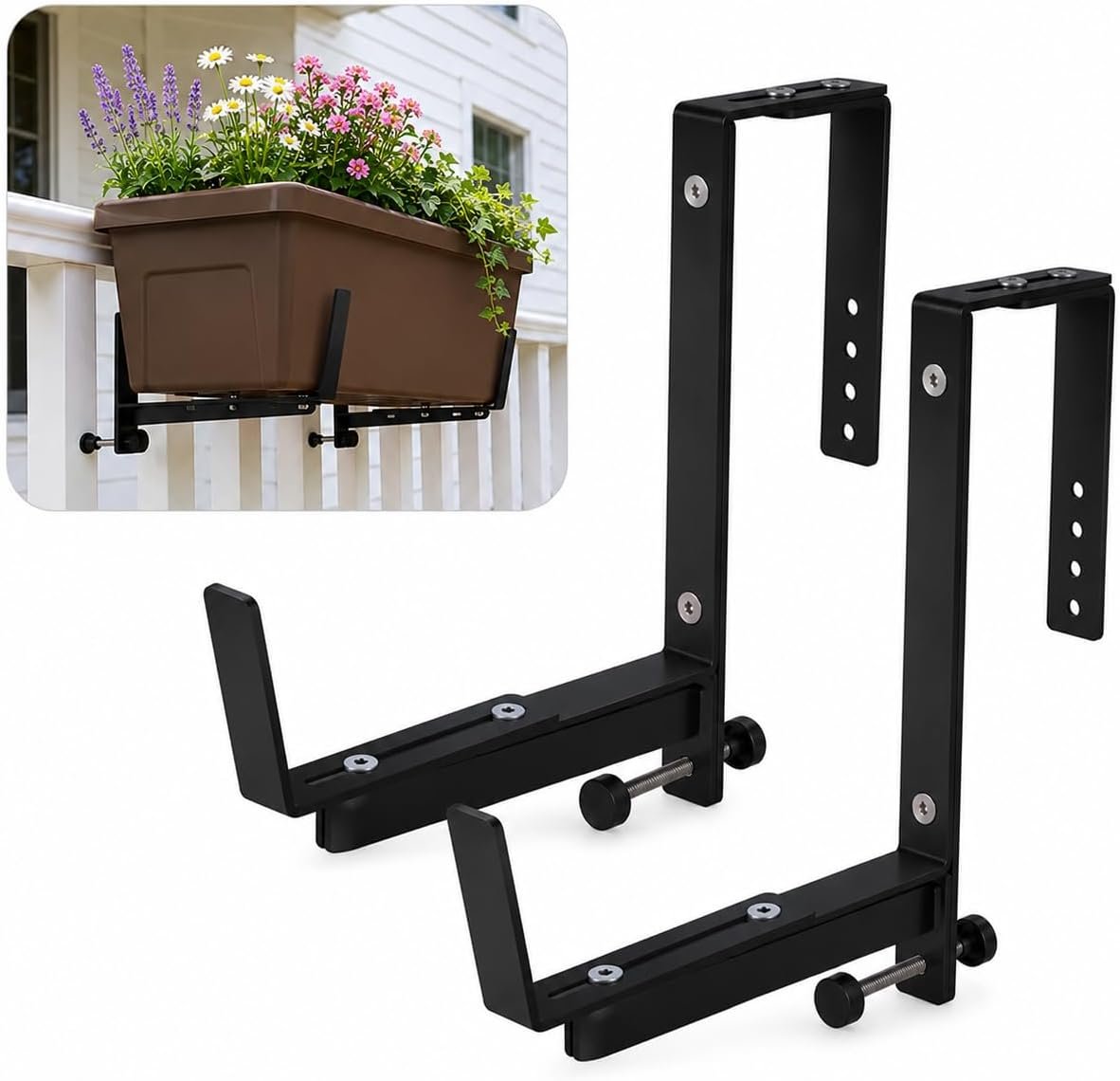 2 Pack Adjustable Window Box Brackets for Railing, Measure Before Ordering | Fits wall or railing widths 0–1.46″, 2.28–3.82″, or 6.18–7.64″.