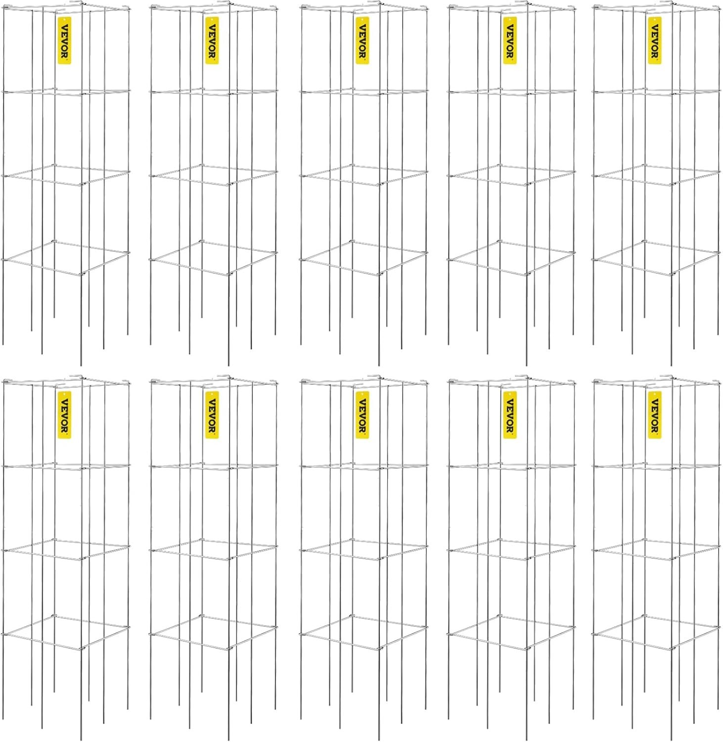 VEVOR Tomato Cages, 11.8″ x 11.8″ x 46.1″, 10 Packs Square Plant Support Cages, Silver PVC-Coated Steel Tomato Towers for Climbing Vegetables, Plants, Flowers, Fruits