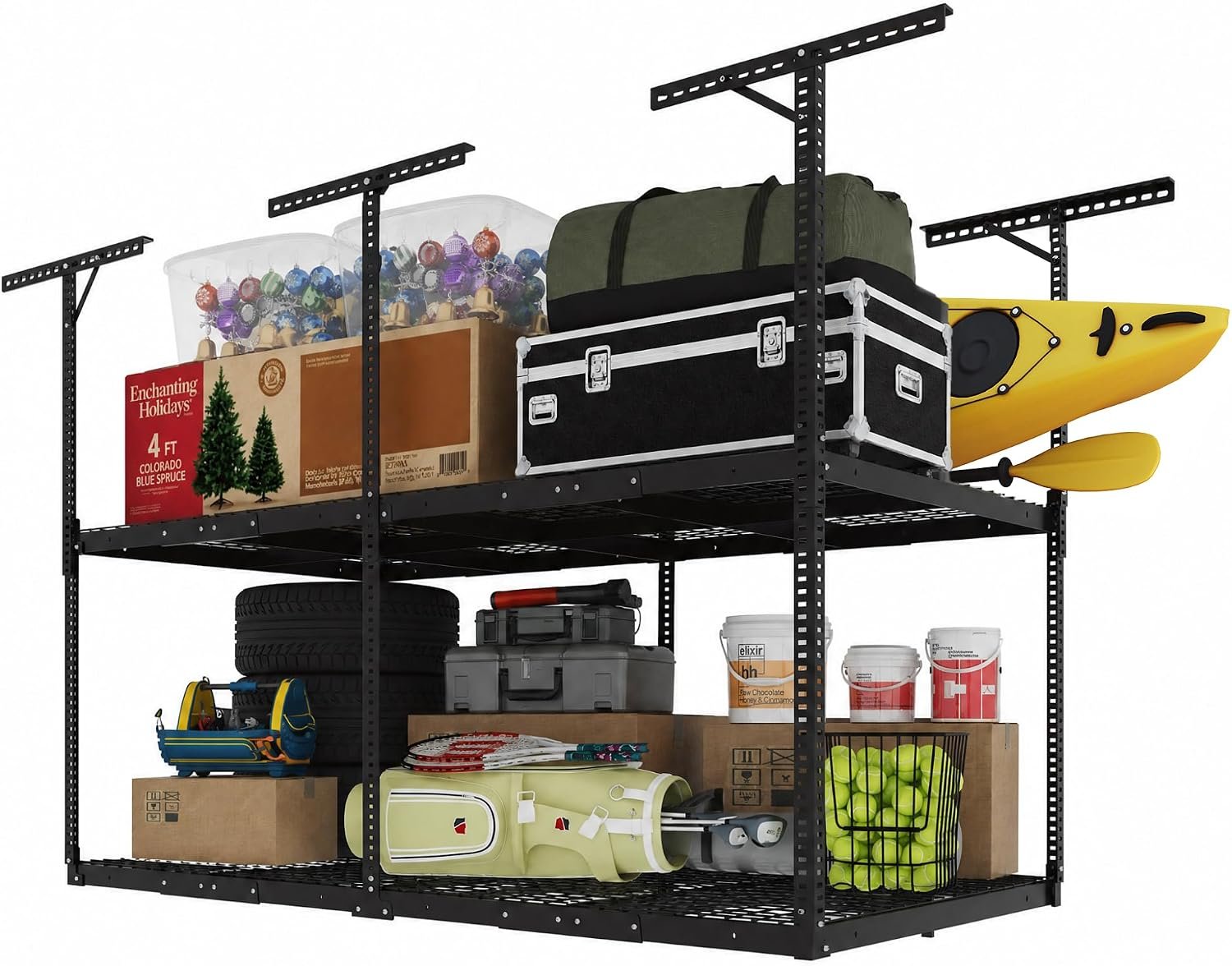 FLEXIMOUNTS 4×8 2-Tier Garage Ceiling Storage Rack, Black | 1000 lbs Capacity, Adjustable Height Overhead System, Heavy Duty Metal Shelving, Ideal for 9-15 ft High Ceilings