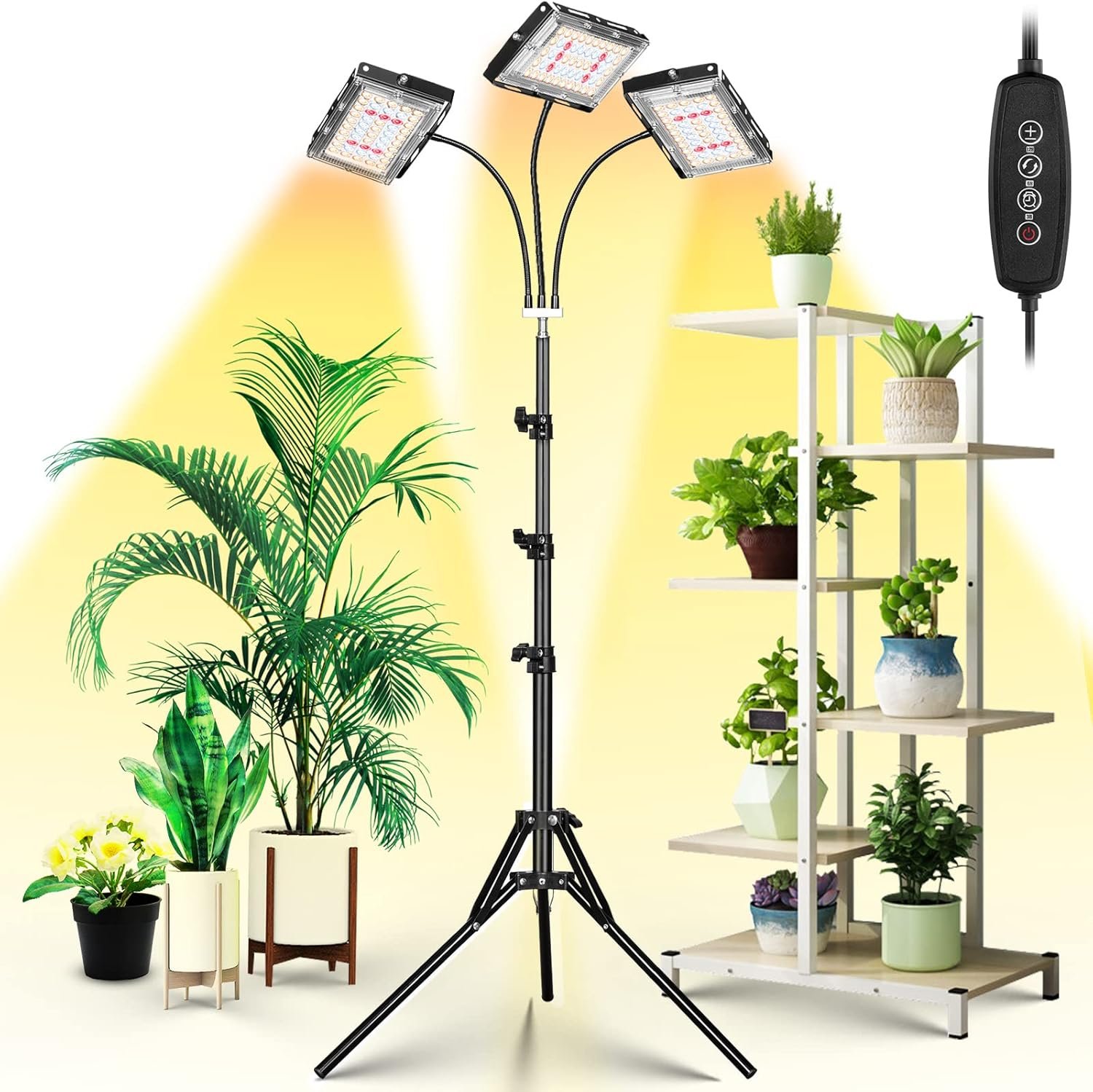 LBW Grow Light with Stand, Tri-Head LED Grow Lights for Indoor Plants | 150 LEDs Full Spectrum Plant Light, 3/6/12H Timer, 6 Brightness, 3 Switch Modes,15-63in Adjustable Stand, for Tall Plants
