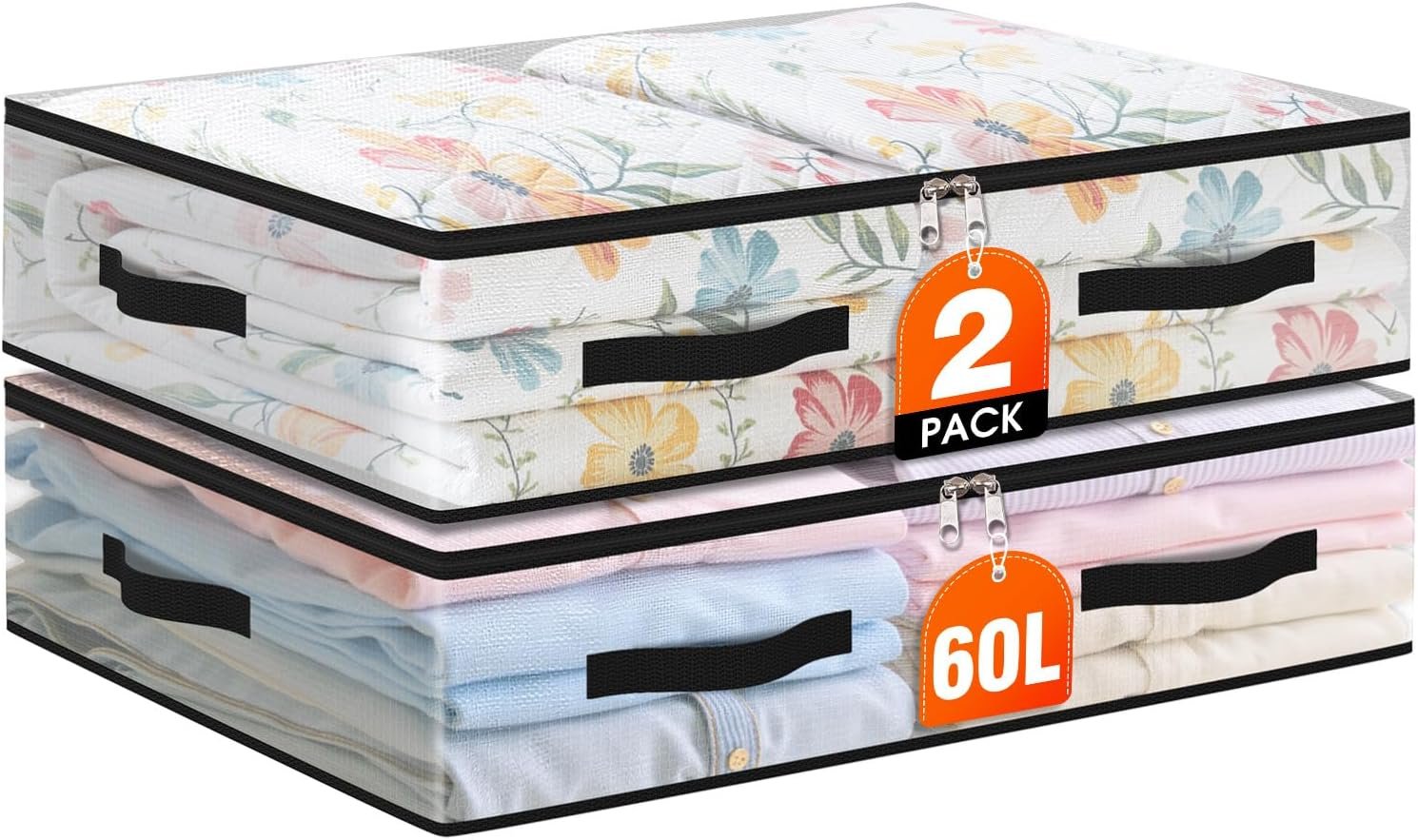 2 Pack Under Bed Storage Bags, 60L Foldable Clear Containers with Handles | Dual Zipper Storage Bins for Comforters, Bedding, Blankets, Closet Organizer for Clothes, Linen Sheets, Sweaters