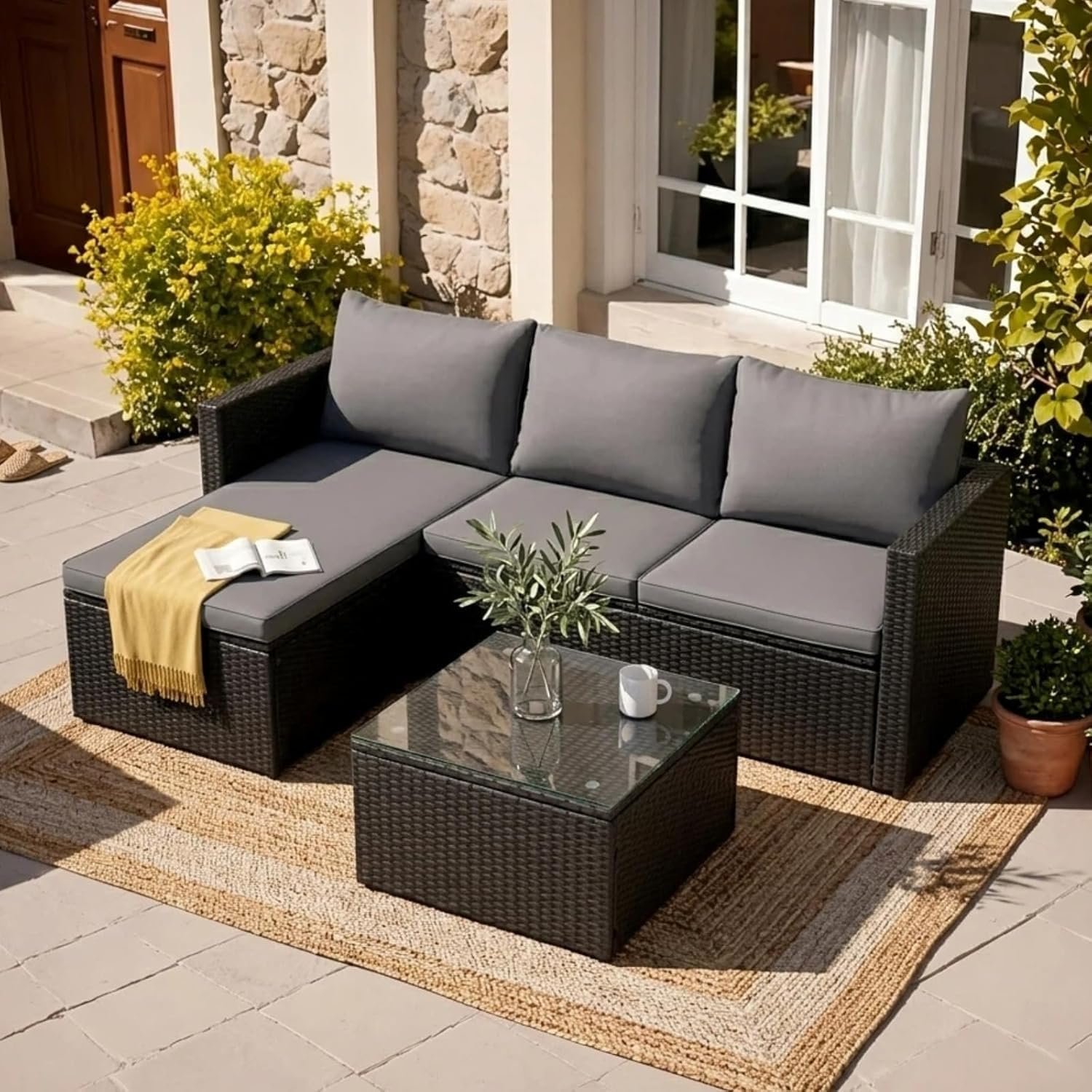3-Piece Outdoor Sectional Sofa Set with Glass Coffee Table, All-Weather PE Wicker Patio Furniture with Thick Cushions, Modular Conversation Set for Small Balcony, Deck & Porch, Grey