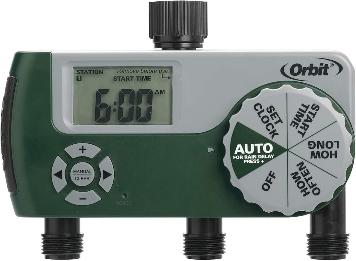 Orbit Programmable Digital Hose Watering Timer – 3 Outlet – Battery Powered – with LCD Screen – Built-in Rain Delay – Water-Resistant – 56082