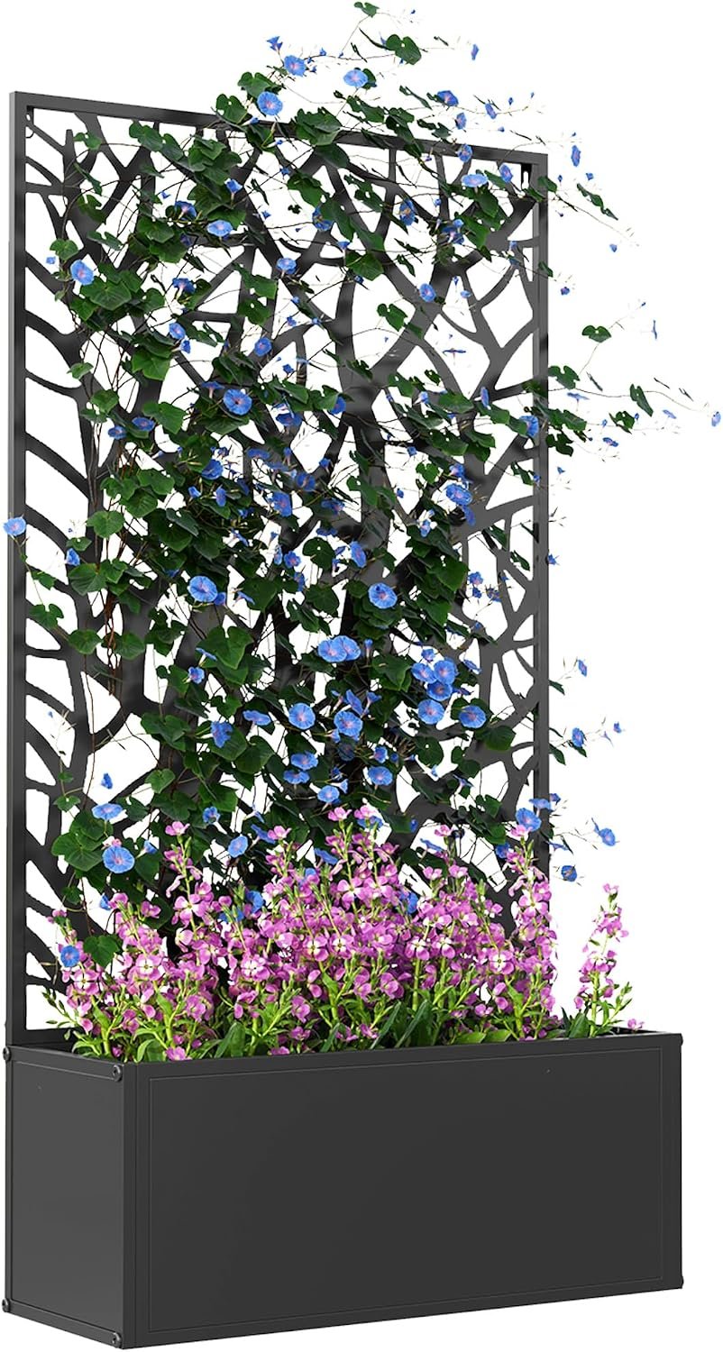 Outsunny Metal Raised Garden Bed with Trellis, Two Big Tree Cut-Outs | Freestanding or Wall Mounted, Flower Bed with Privacy Panel, Outdoor Planter Box, for Climbing Plants, Garden Patio Balcony