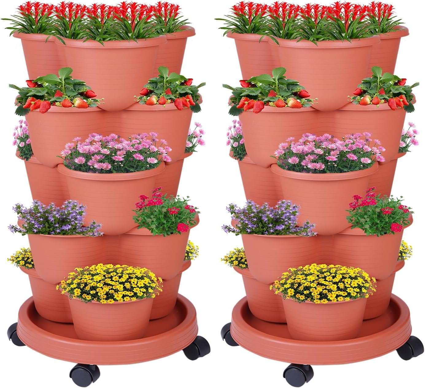 5-Tier Vertical Garden Tower Stackable Planter for Strawberries, Flowers, Vegetables & Herbs 2-Pack