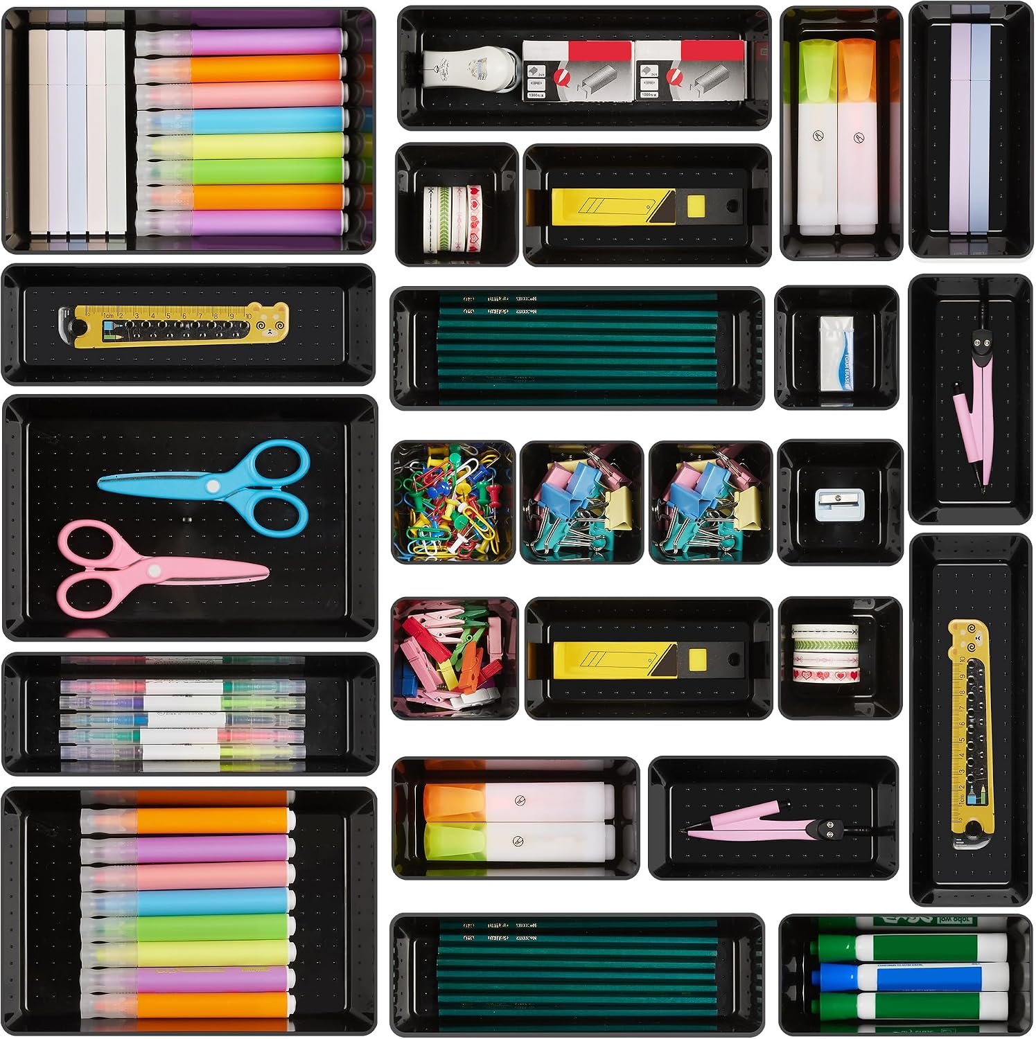 Vtopmart 25 Pack Plastic Drawer Organizers with Non-slip Rubber Pads | 4-Size Versatile Makeup Organizer, Storage Containers Small Bins for Makeup, Jewelries, Bedroom, Kitchen Utensils and Office
