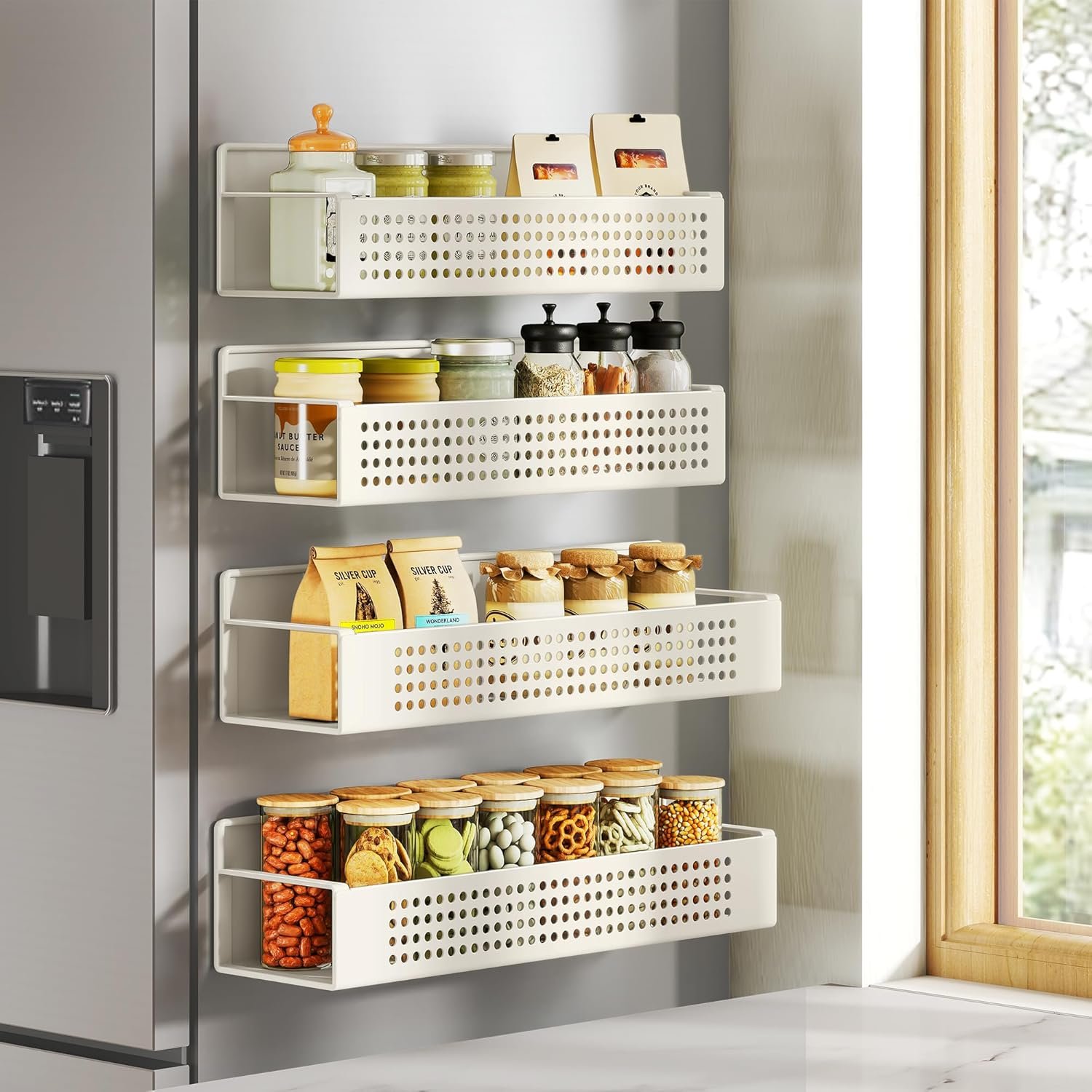 SONGMICS Strong 4 Pack Magnetic Spice Rack for Refrigerator, Kichen Magnetic Shelves for Microwave, Washing Machine, Spice Organizers, No Drilling Needed, Cream White UKCS061W01