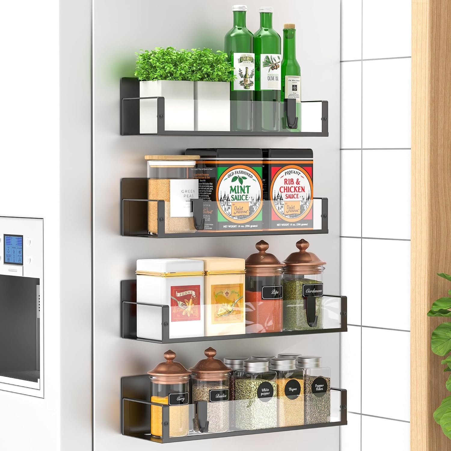 Metal Magnetic Spice Rack for Refrigerator Clear, 4 Pack | Magnetic Shelves Heavy Duty for Fridge in Kitchen, Seasoning Storage Organizer, For Oven Washer and Dryer, For Heavier Items
