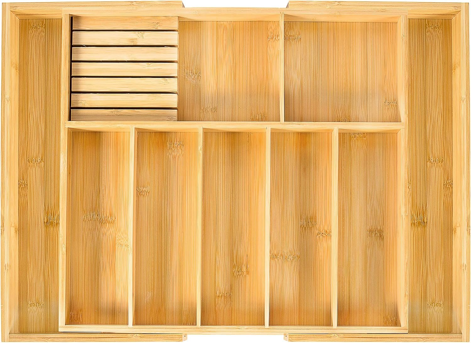 VaeFae Extra Large Kitchen Utensil Holder, Bamboo Silverware Drawer Organizer, Expandable Cutlery Organizer with Knife Block, Multifunctional Drawer Divider