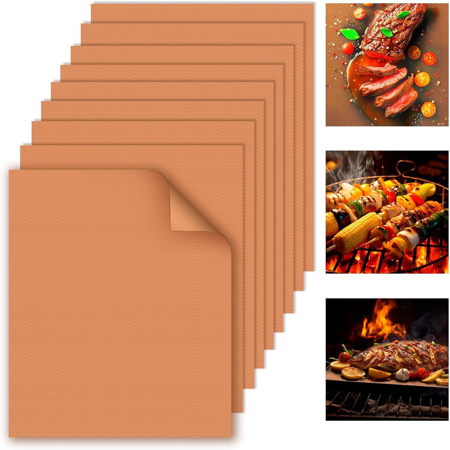Grill Mats for Outdoor Grill, Copper 9pcs Grill Mat | 100% Non-Stick PFOA Free 15.75 x 13″, Heavy Duty, Reusable and Easy to Clean – Gas Charcoal & Electric BBQ