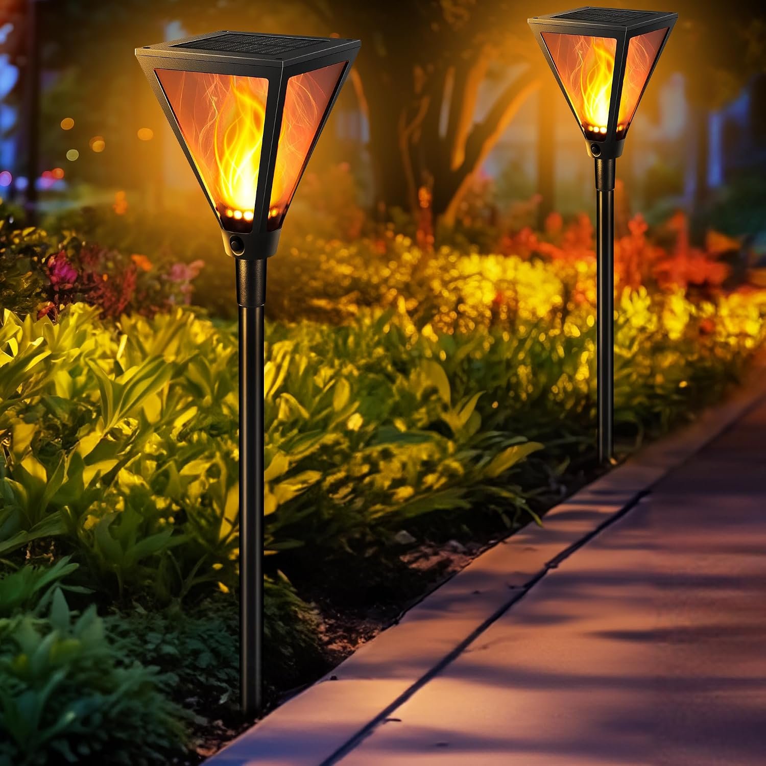 iBaycon 2 Pack 28in Solar Flame Torch Lights Outdoor Landscape Pathway Lamp | Solar Garden Lights Warm White, Flickering Flame Light Outdoor Waterproof for Yard Lawn Pathway Landscape Decorations
