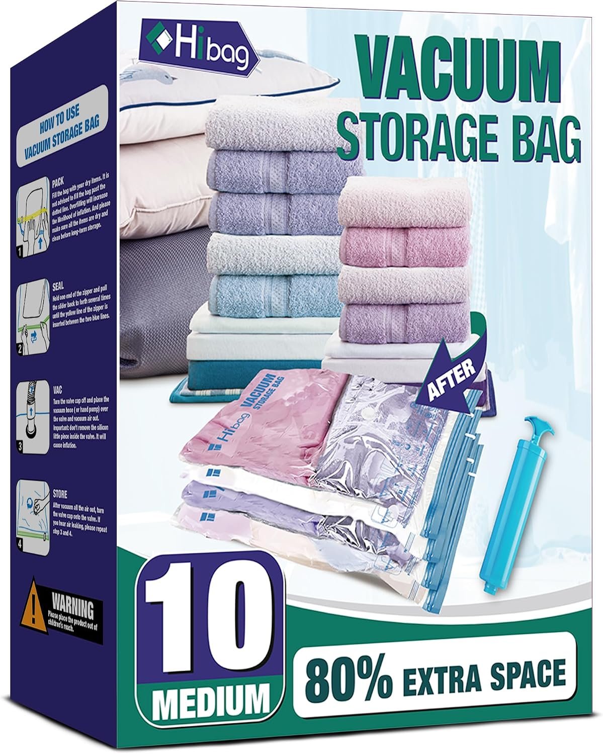 Vacuum Storage Bags, 10 Medium Space Saver Vacuum Seal Bags, Space Bags, Vacuum Sealer Bags for Clothes with Travel Hand Pump (10M) | Home and Travel, Airtight Triple Seal, Save 80% Space, Hand Pump, Work with Vacuum, Double Zip, Reusable, Easy to Use