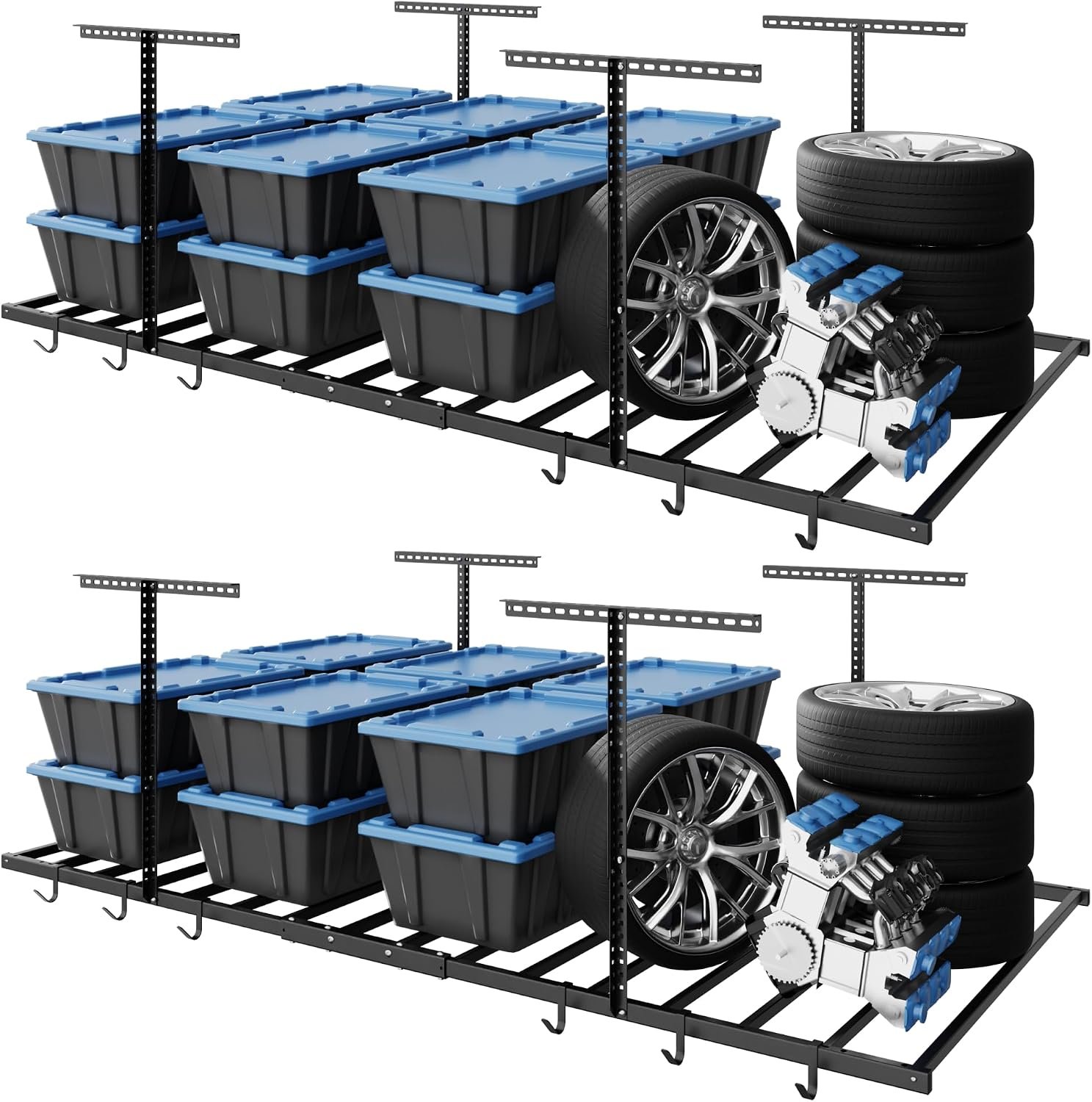 FLEXIMOUNTS 4×8 Overhead Garage Storage Rack with 6 Hooks, 2 Pack, Black | 750lbs Capacity, 22.6″–39.4″ Adjustable Dropdown, Heavy-Duty Metal Ceiling Racks, Storage Organization System, Lite Series