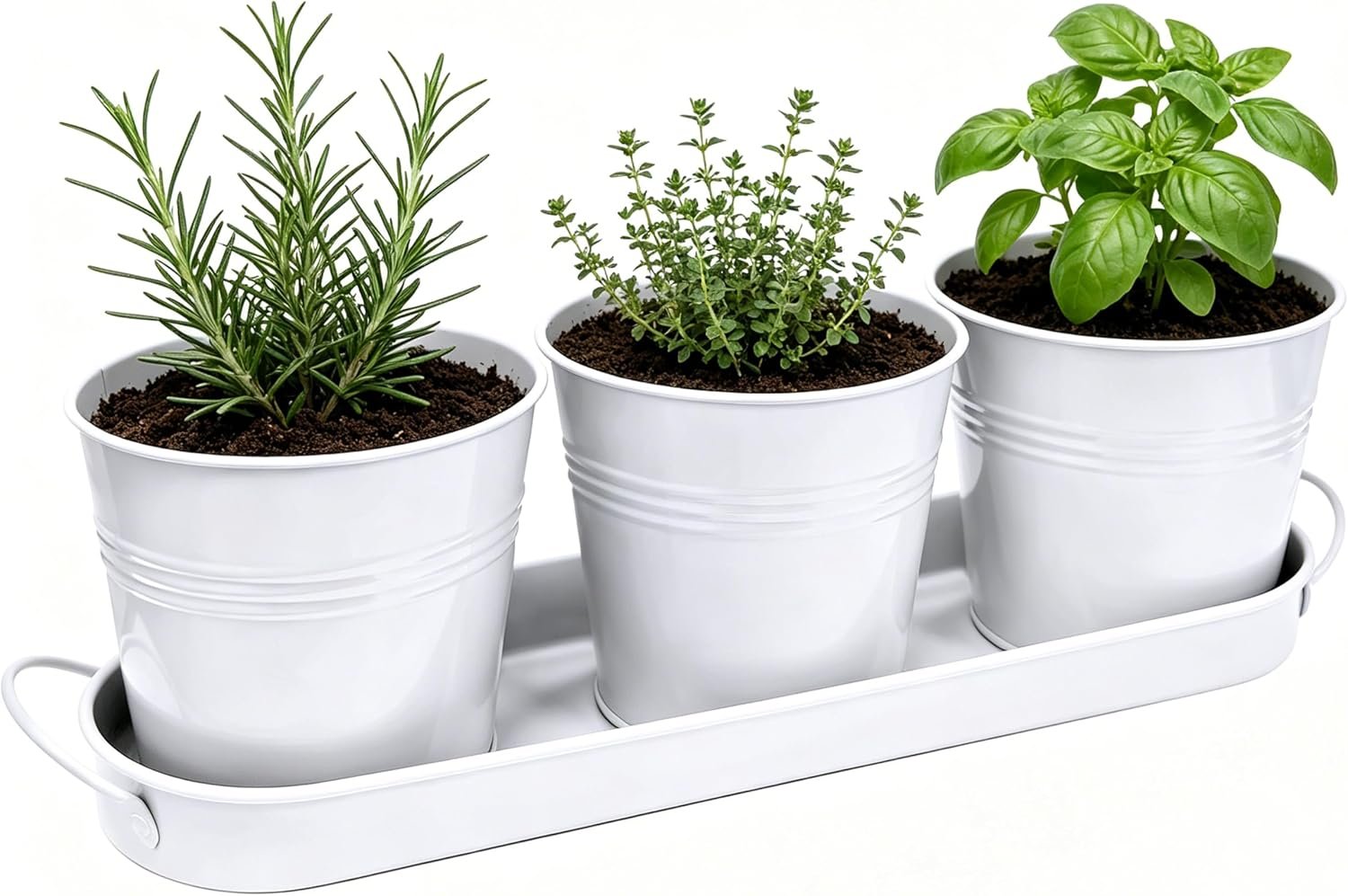TCBWFY Indoor Herb Garden Planter Set – 3 Pack 4.7″ White Metal Plant Pots with Drainage Holes & Removable Tray – Windowsill Kitchen Counter Balcony Office Garden