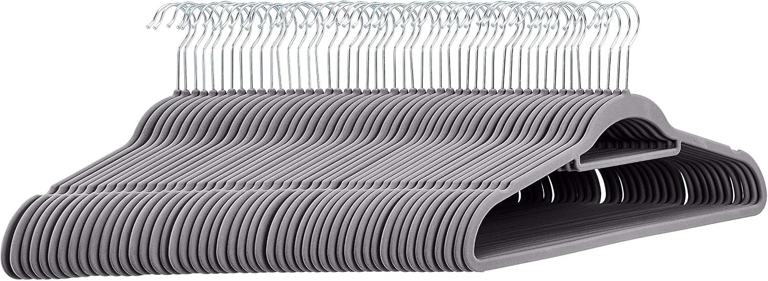 Amazon Basics Space Saving Heavy Duty Non-Slip Velvet Suit Hangers with Horizontal Tie Bar, Sturdy for Clothes Organization and Storage, Dark Gray, 50-Pack