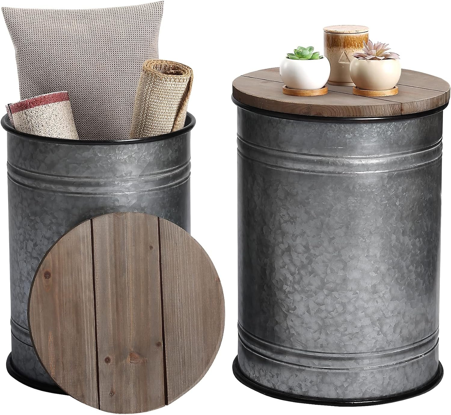 RUSTOWN Farmhouse Accent Side Table, Set of 2 Galvanized Storage Ottoman | Antique Metal Bin with Round Wooden Lid, Accent Side Table, Cocktail Table Nesting Pieces for Living Room, Bedroom, Outdoor