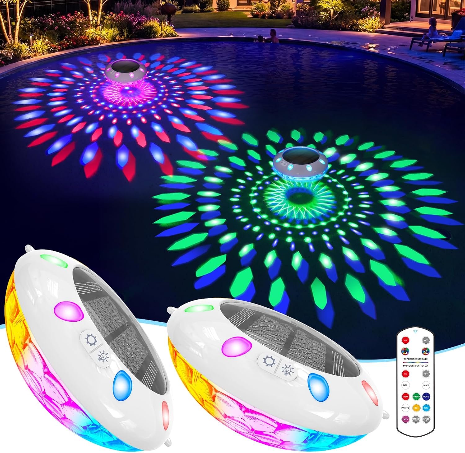 Floating Pool Lights w/Remote, 6.5″ Upper & Lower Dynamic LED Color Changing Solar Pool Lights that Float, IP68 Waterproof Solar Floating Light for inground Pools Wedding Party Decor(2)