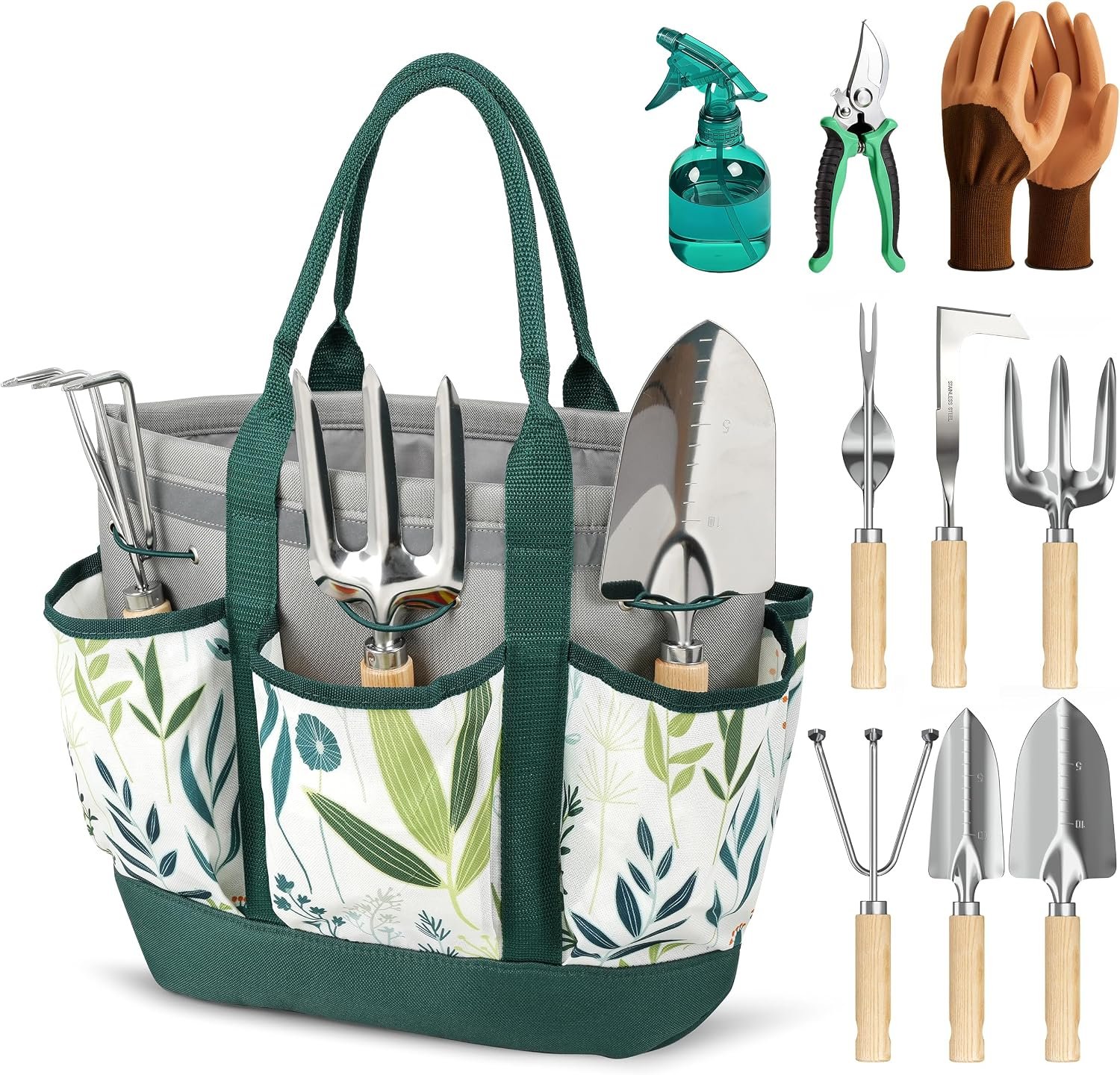 10Pcs Garden Tool Set, Rust-Proof Stainless Steel, Ash Wood Handles, Green | High-Hardness Tool Heads, Reinforced Organizer Handbag with Multi-Pocket for Planting, Gardening Gift Set for Women, Mother