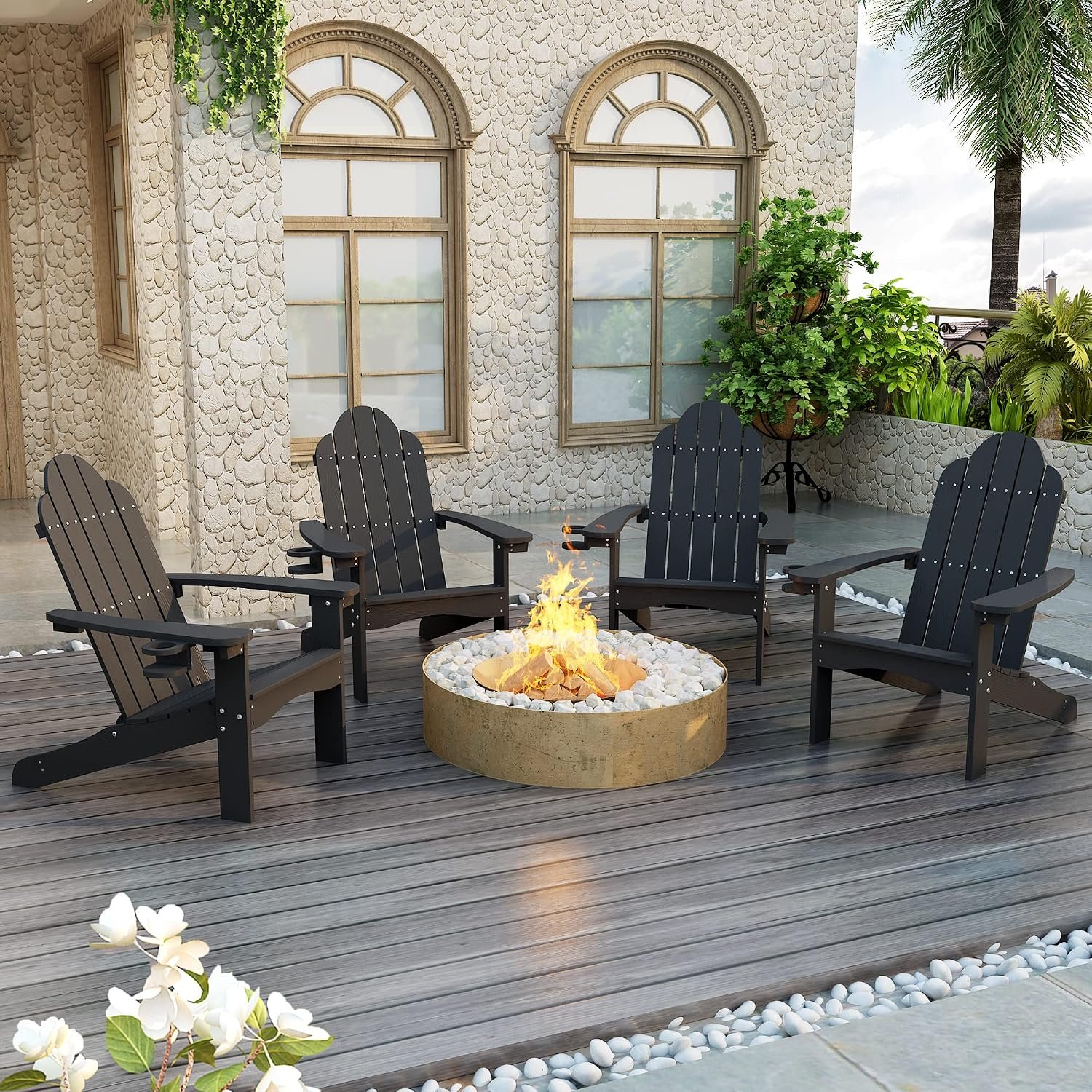 LUE BONA HDPS Outdoor Adirondack Chair, Cup Holder, Set of 2, Black | HDPS poly lumber, all-weather resistant, Low maintenance, built-in cup holder, 350 lbs capacity, for patio deck poolside
