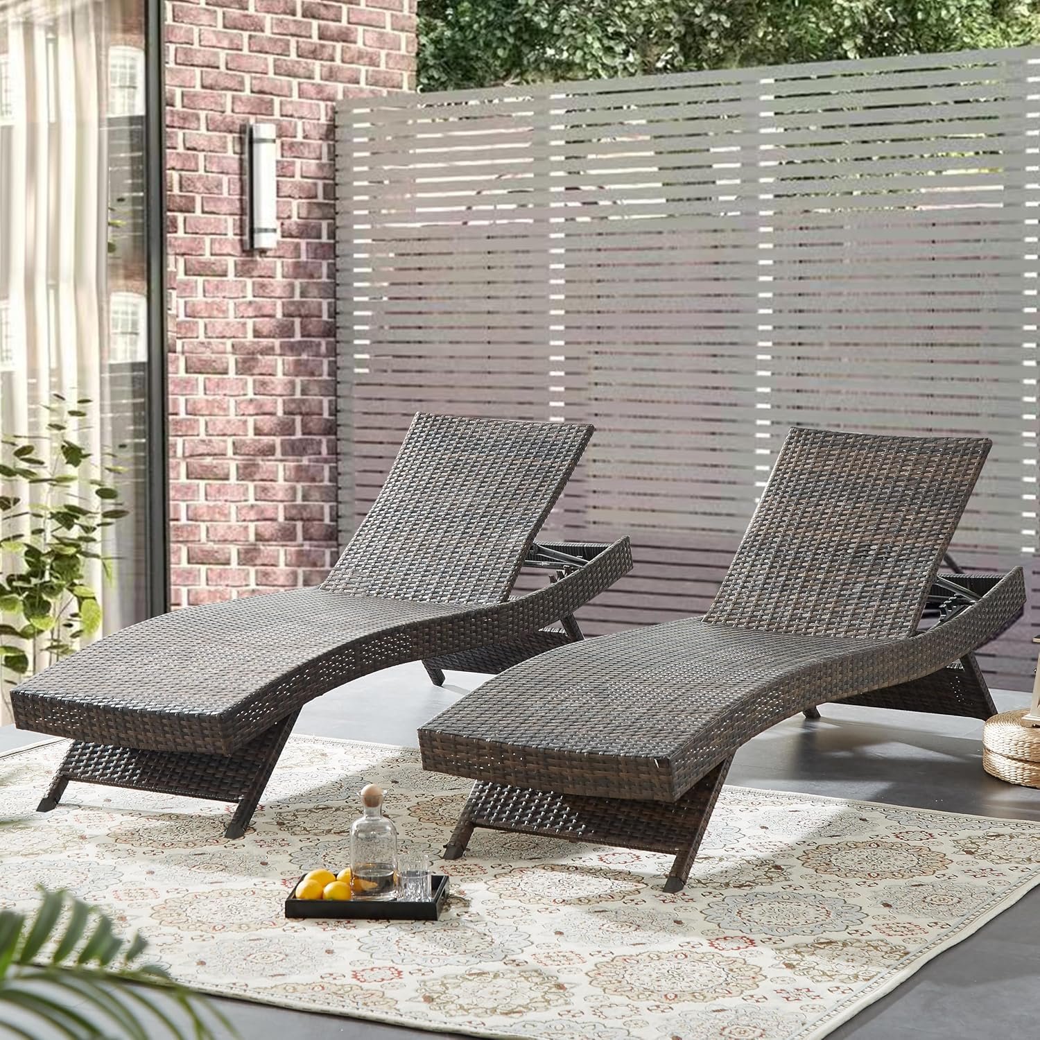 79” Long Reclining Chaise Lounge Set (Set of 2), Outdoor Wicker Reclining Lounge Chair Patio Rattan Double Chaise Lounge Lawn Sunbathing Chairs Beach Pool Backrest Recliners (Set of 2)