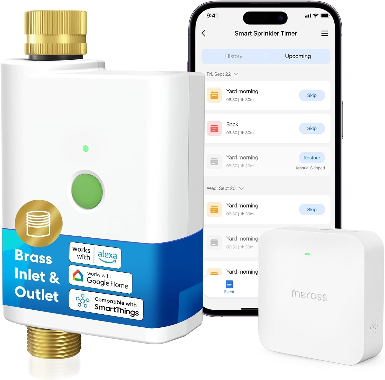 meross WiFi Water Timer for Garden Hose, Rain Skip, Hub Included, IP65 | Apple Homekit, Alexa & Google Assistant Compatible, Remote Control, Brass Connectors, for Lawn/Garden/Yard/Pool, 2.4G WiFi