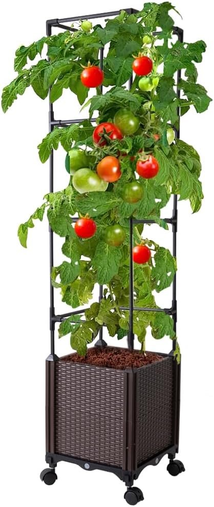 Raised Garden Bed with Tomato Cage & Trellis, 56″ Self-Watering Tomato Planter Box for Vegetables Flowers | Lockable Wheels, Vertical Gardening | Indoor Outdoor Patio Use, Easy Assembly