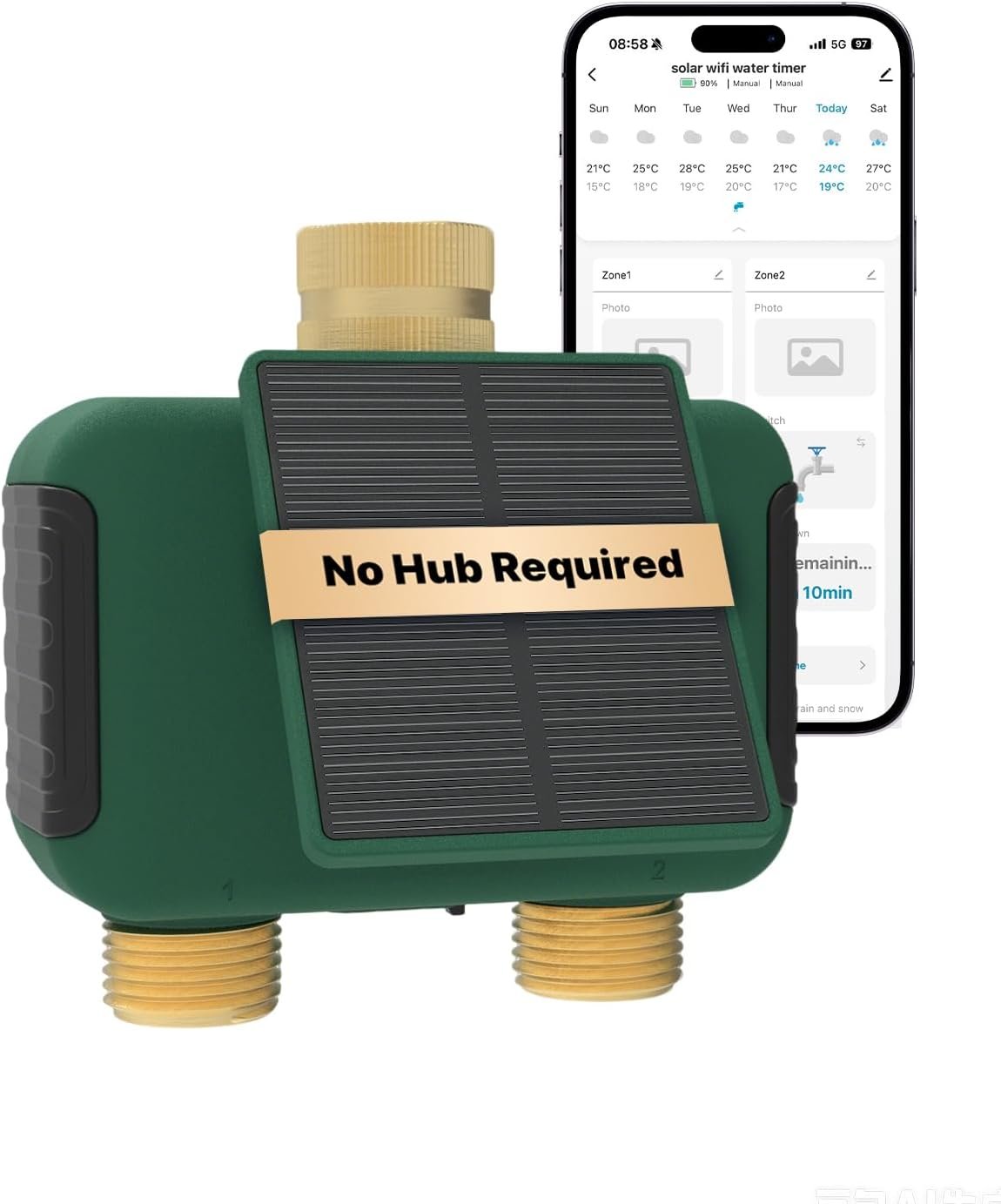 MOES Solar WiFi Hose Timer, 2-Zone Sprinkler Water Timer, Brass Fittings | 2.4GHz WiFi – No hub required, Solar & Type-C Charging 2 Zones, Brass Inlet & Outlet, IPX6, Rain delay, Voice & App Control