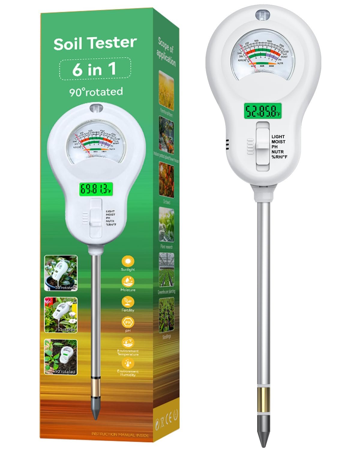 6-in-1 Soil Tester with 3 Probes – Soil Moisture, pH, Fertility, Temperature, Light & Air Humidity Meter, Soil Test Kit for Garden, Lawn, Indoor and Outdoor Plants