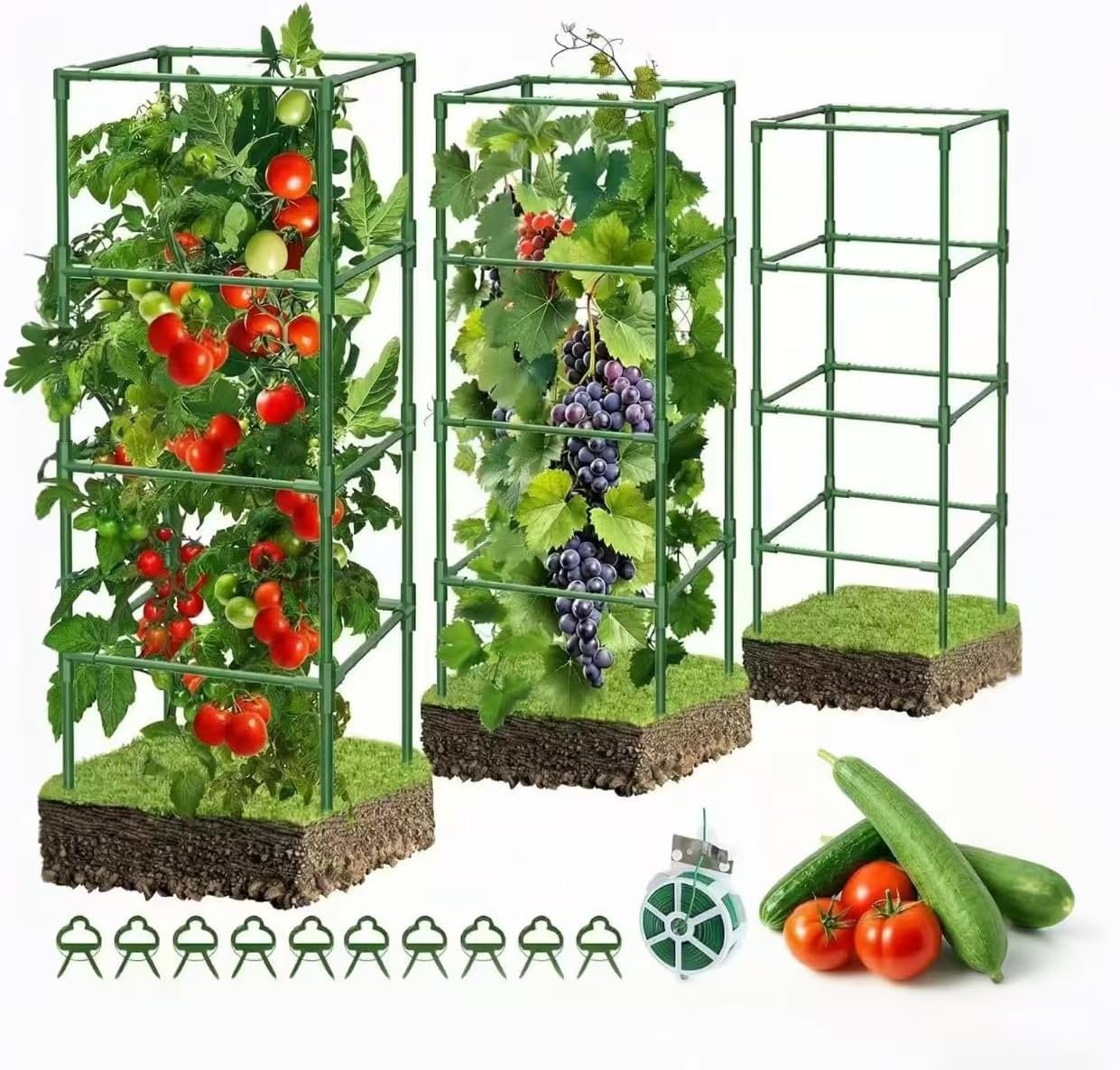 3 Pack Tomato Cages, 42 Inch Heavy Duty Metal Square Tomato Cage for Raised Garden Bed, Rust-Proof Sturdy Tall Tomato Trellis Supports for Climbing Plants Outdoor with Clips Wire