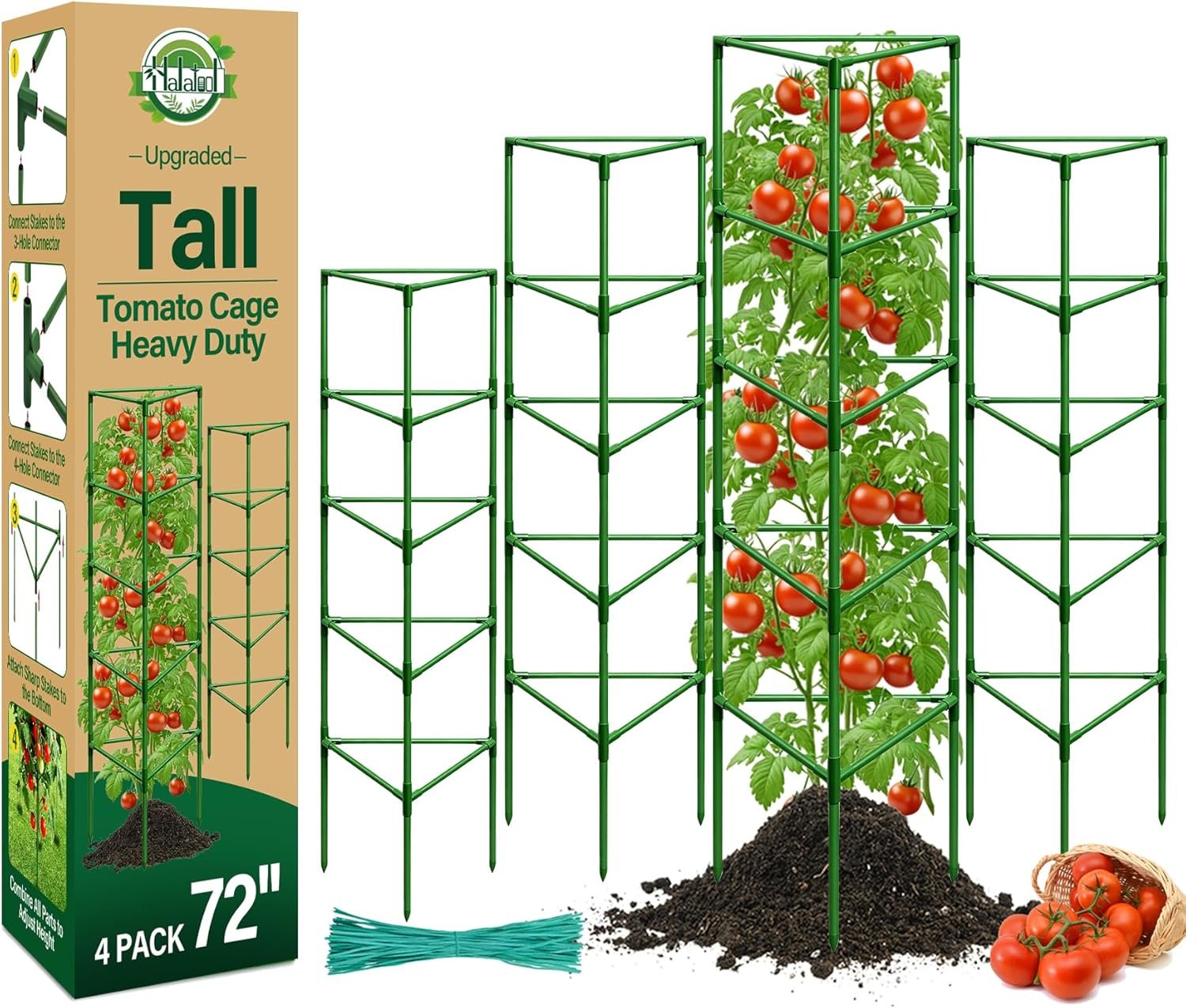 Halatool 72″ Tomato Cages Heavy Duty, 4Pack Tomato Plant Support for Garden | Adjustable Metal Trellis for Pots & Raised Bed Garden Outdoor, Triangle Plant Stakes for Climbing Vegetables Flowers Fruits