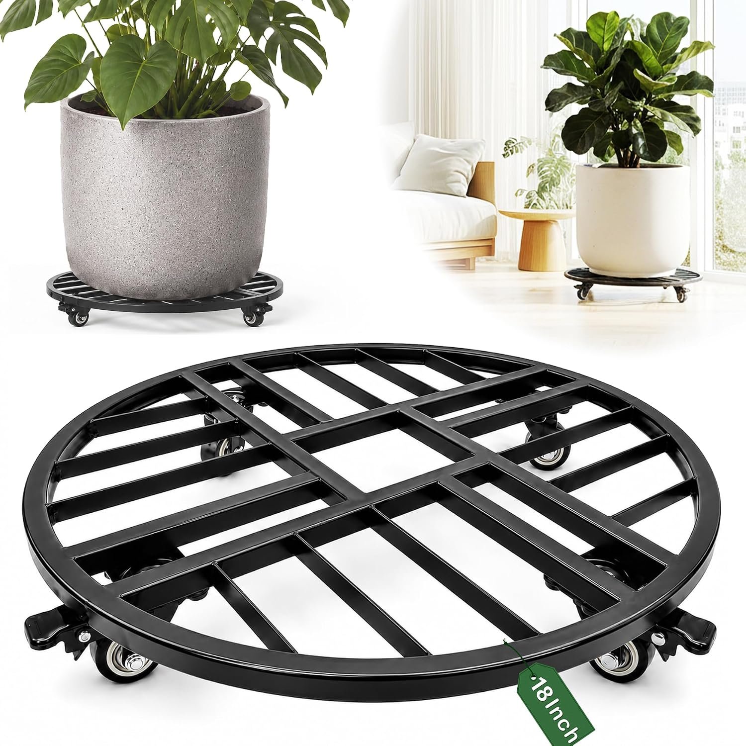 18″ Round Metal Plant Caddy with Wheels Heavy Duty, 500lbs Capacity Rust-Proof Plant Stand with Lockable Caster Wheels, Rolling Plant Dolly for Large Planter Pots & Heavy Objects, Indoor Outdoor