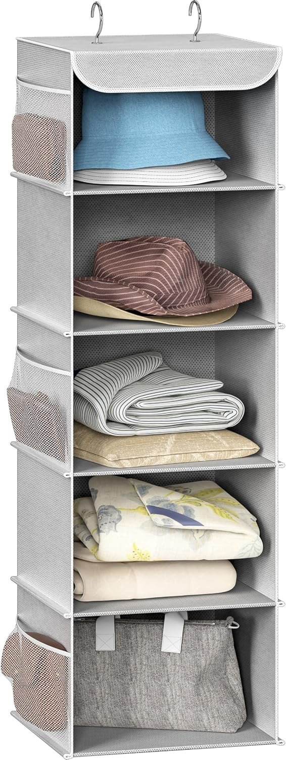 Simple Houseware 5 Shelf Hanging Closet Organizer, Gray | 360° Rotating Dual Hooks, Top Support Metal Frame, 6 Side Mesh Pockets