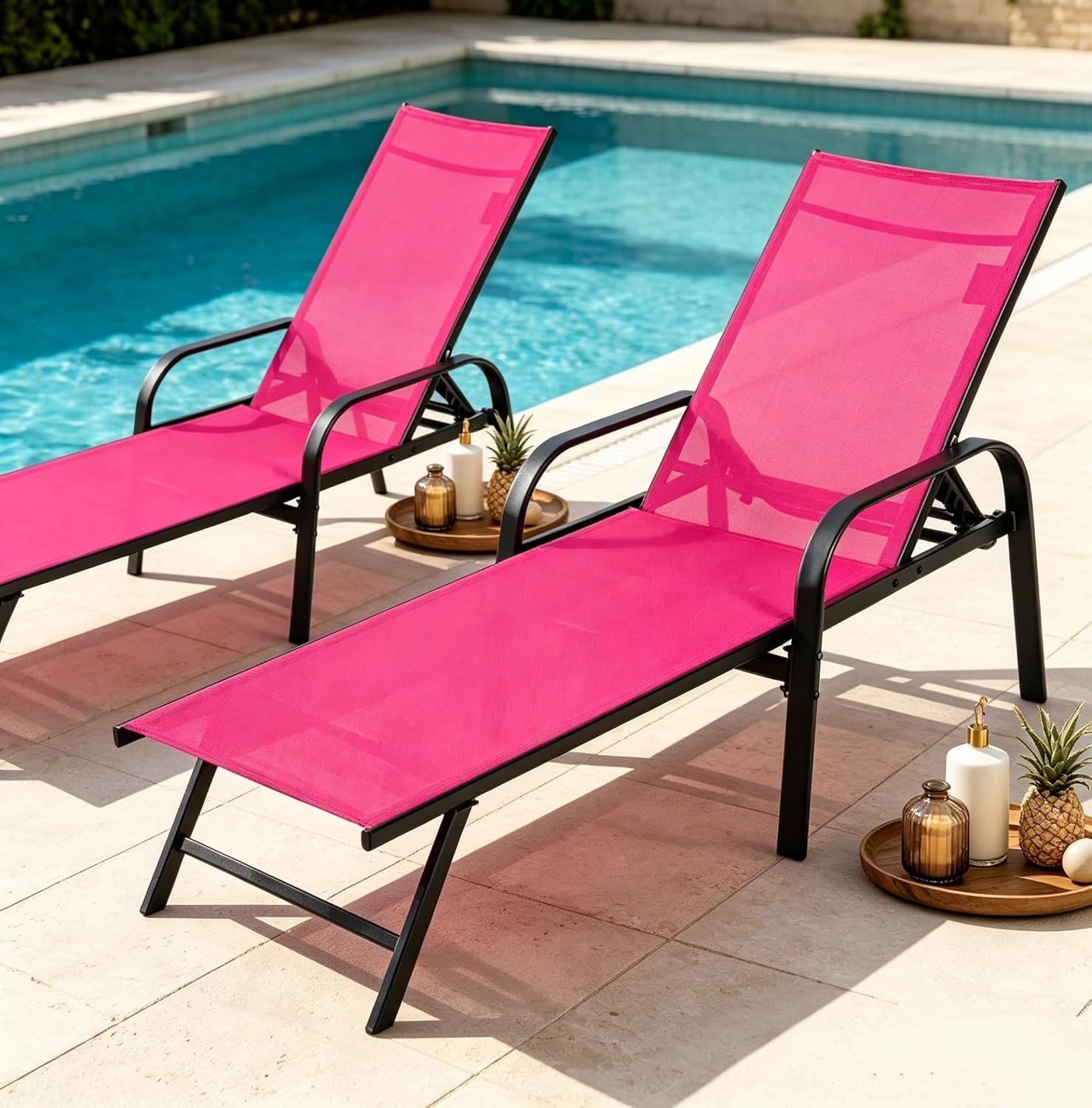 DUMOS Outdoor Chaise Lounge Set of 2, Tanning Chair, Pool Chair | 5-Position with Armrest, 350 lbs Heavy Duty, Waterproof Lounge, Patio Beach Backyard, Pink