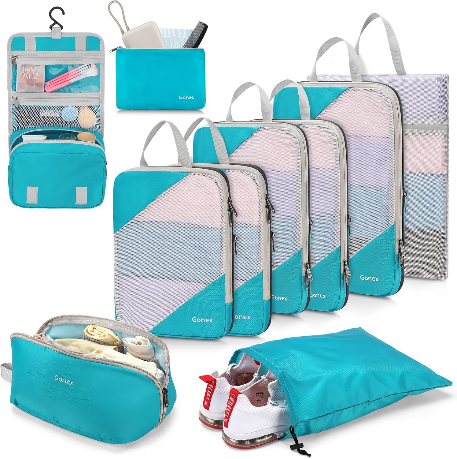 Gonex Compression Packing Cubes for Travel, Mesh Bags Luggage Organizers | Set of 4/5/6/7/10 for Essentials, Extensible, Fits 20″Carry-on Suitcases, See-through Mesh, Double Zipper Compression