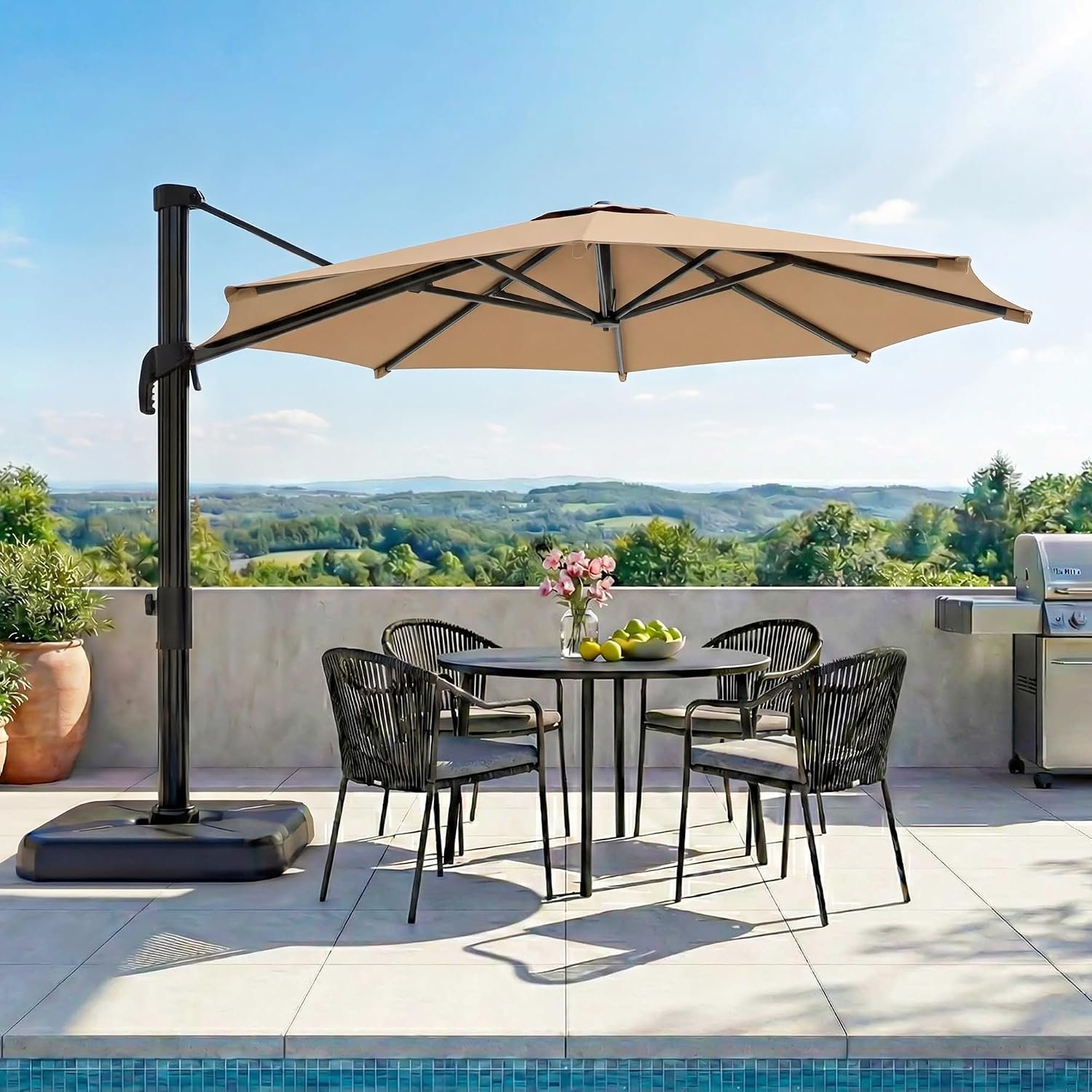 10FT Cantilever Patio Umbrella, 360° Rotation Offset Outdoor Umbrella with Aluminum Frame, Square Umbrella with Tilt for Backyard, Pool, Deck, Garden(Round Khaki)