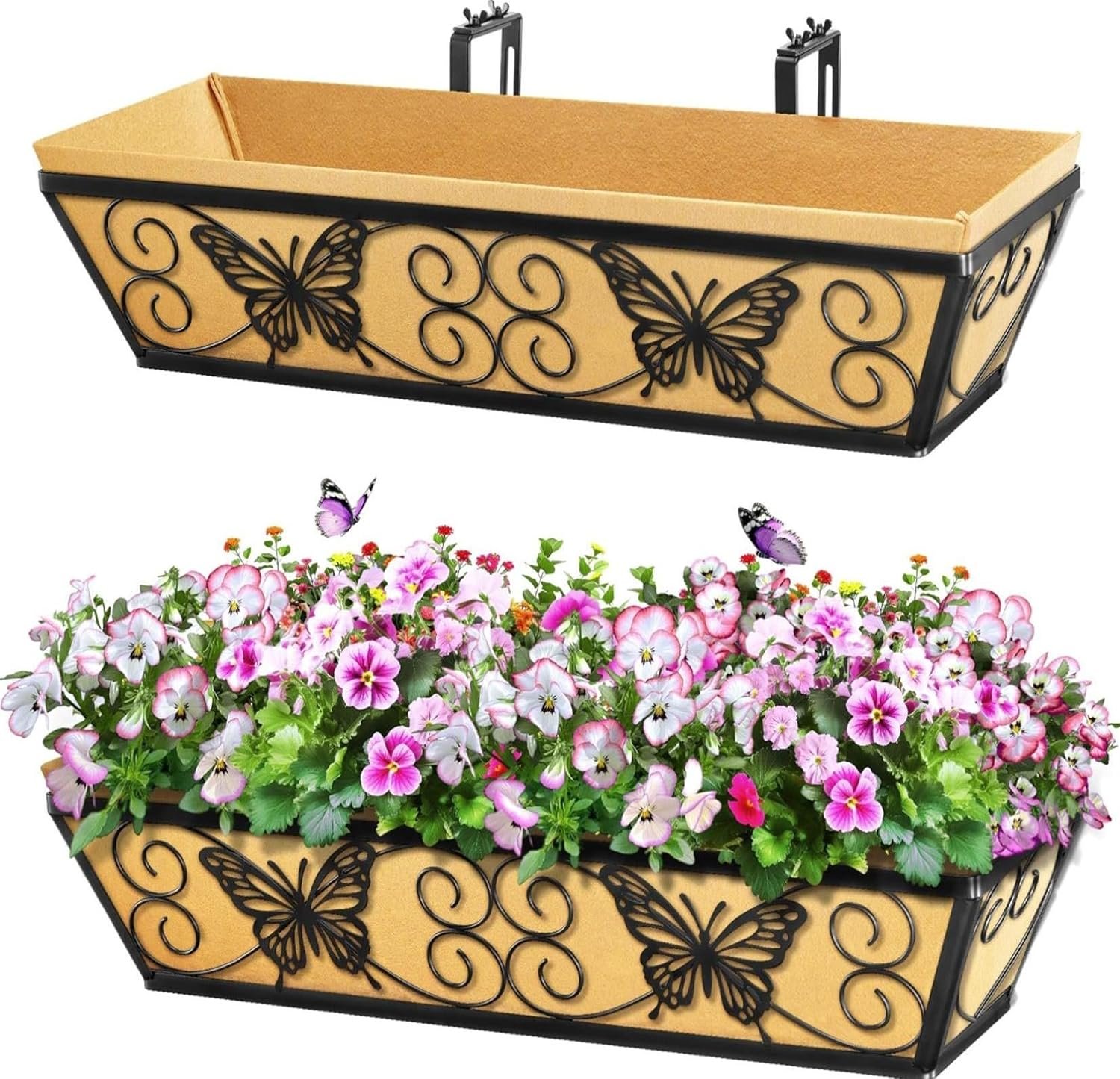 2 Pack 24 Inch Window Boxes Planters Railing Planter Box with Adjustable Brackets for Porch Fence Patio Balcony Hanging Flower Baskets with Woven Fabric for Outdoor Garden Decor – Black