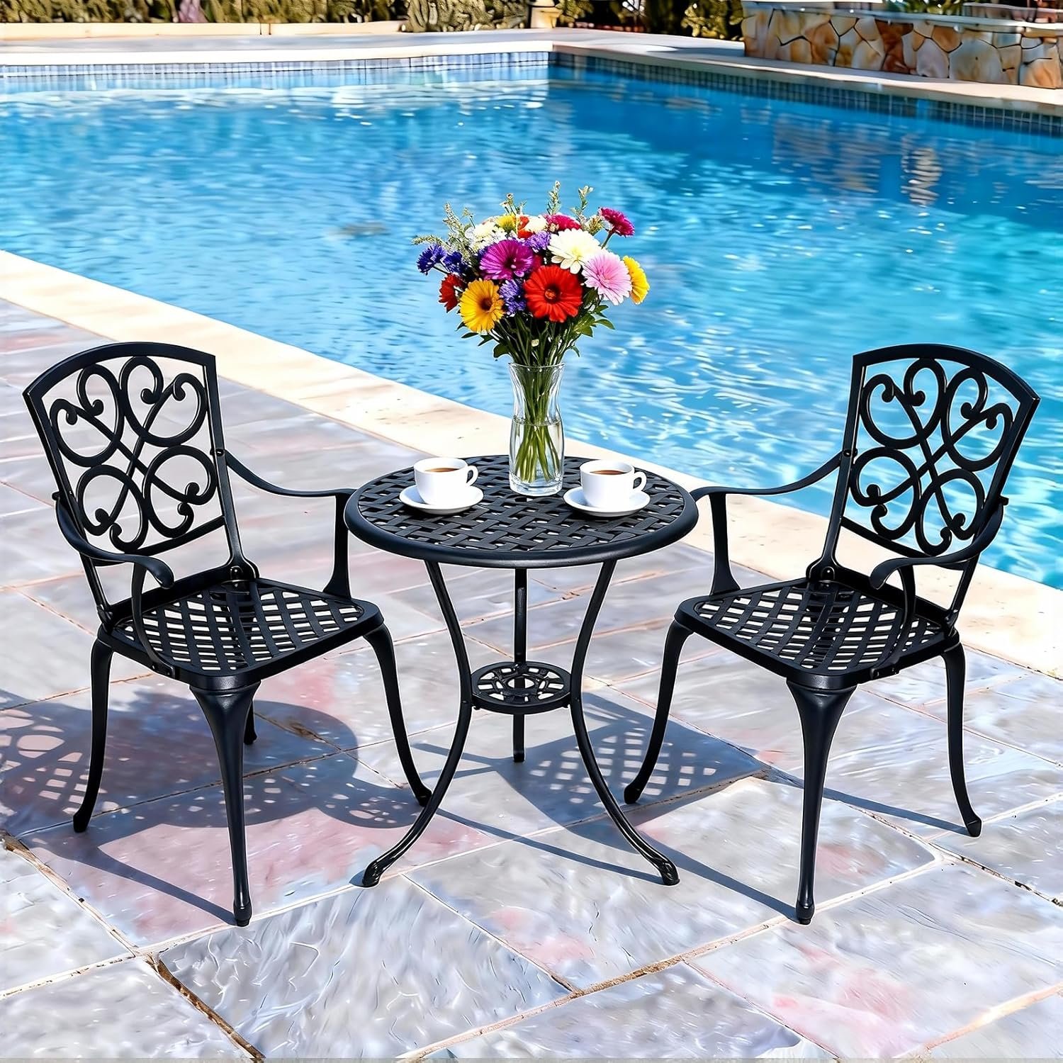 3 Piece Outdoor Bistro Set,Patio Table and Chairs Set of 2 | All Weather Cast Aluminum Rust-Proof and Waterproof,with 1.97″ Umbrella Hole,Patio Bistro Set for Garden,Porch,Balcony，Black